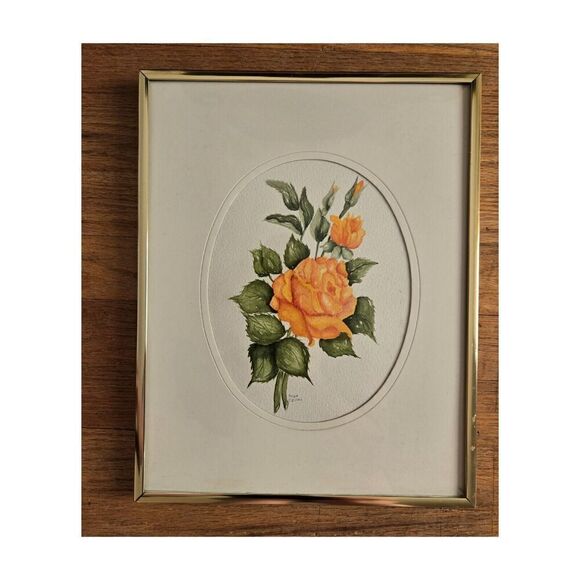 Vintage Framed Antique Rose Watercolor Painting